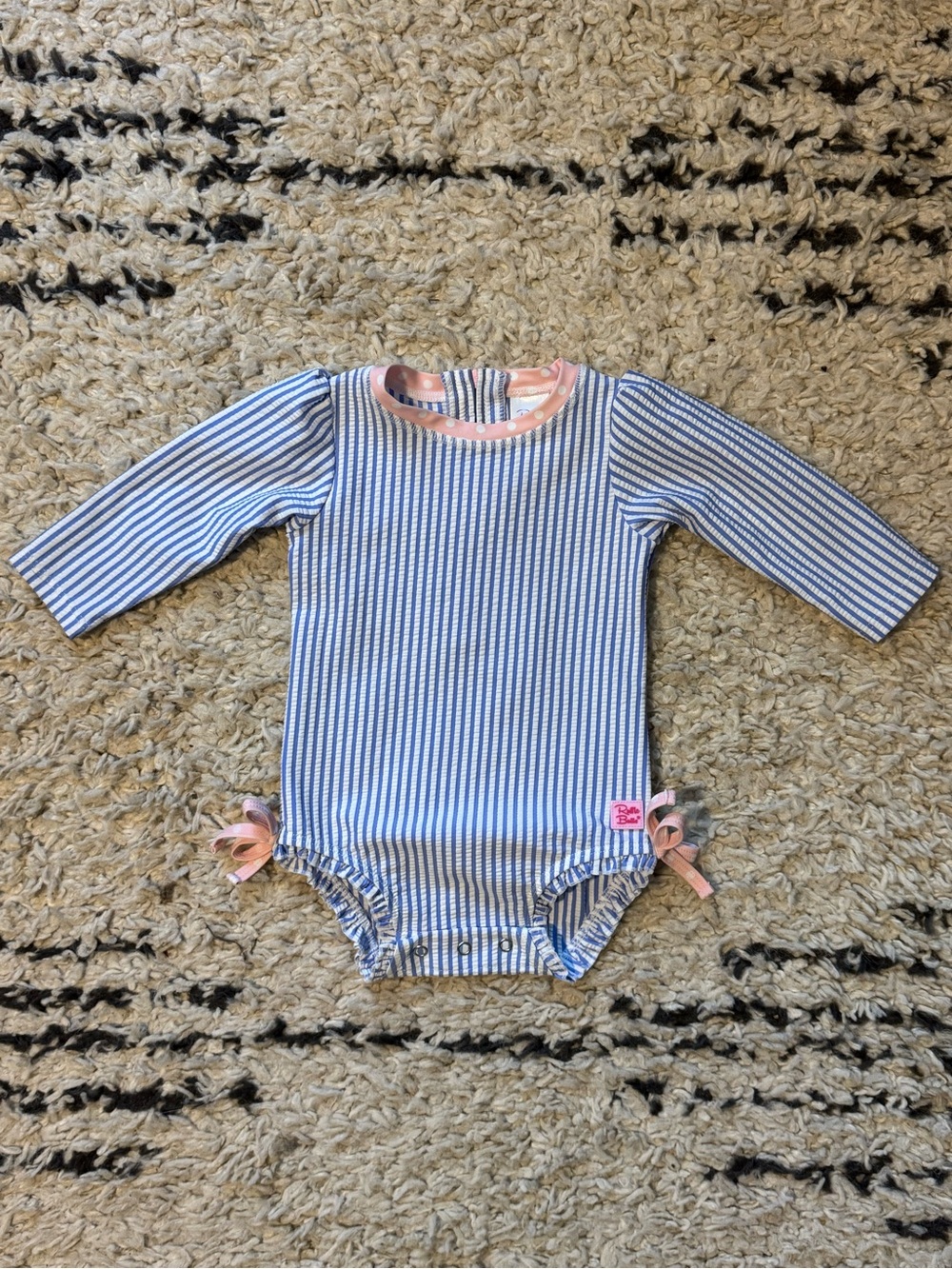 Ruffle Butts Pink Polka Dot & Blue Striped Seersucker Swimsuit size 6-12 months